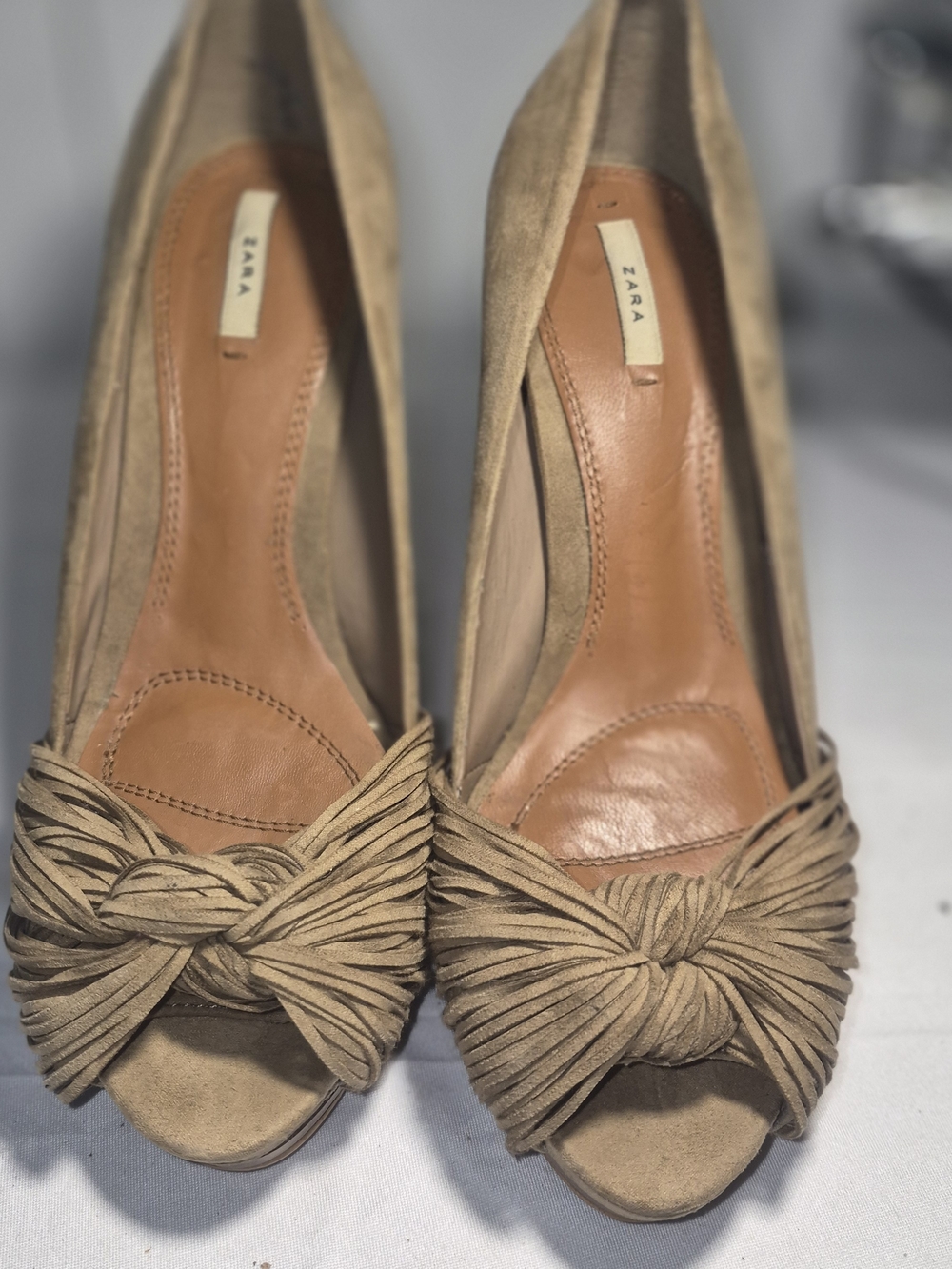 Zara Knotted Suede Peep-Toe Heels in Beige